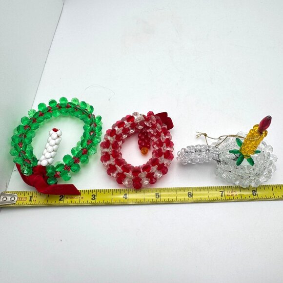 Handmade Christmas Candle Wreath Ornaments Plastic Bead Red Green White 3 Pc Vtg - Picture 2 of 10